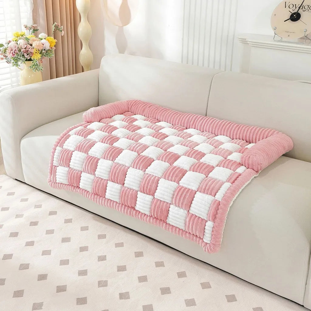 Dog Couch Cover Winter Plush Warm Checkered Washable Pet Mat Comfortable Soft Cats Puppy Bedding Pad Sleeping Supplies