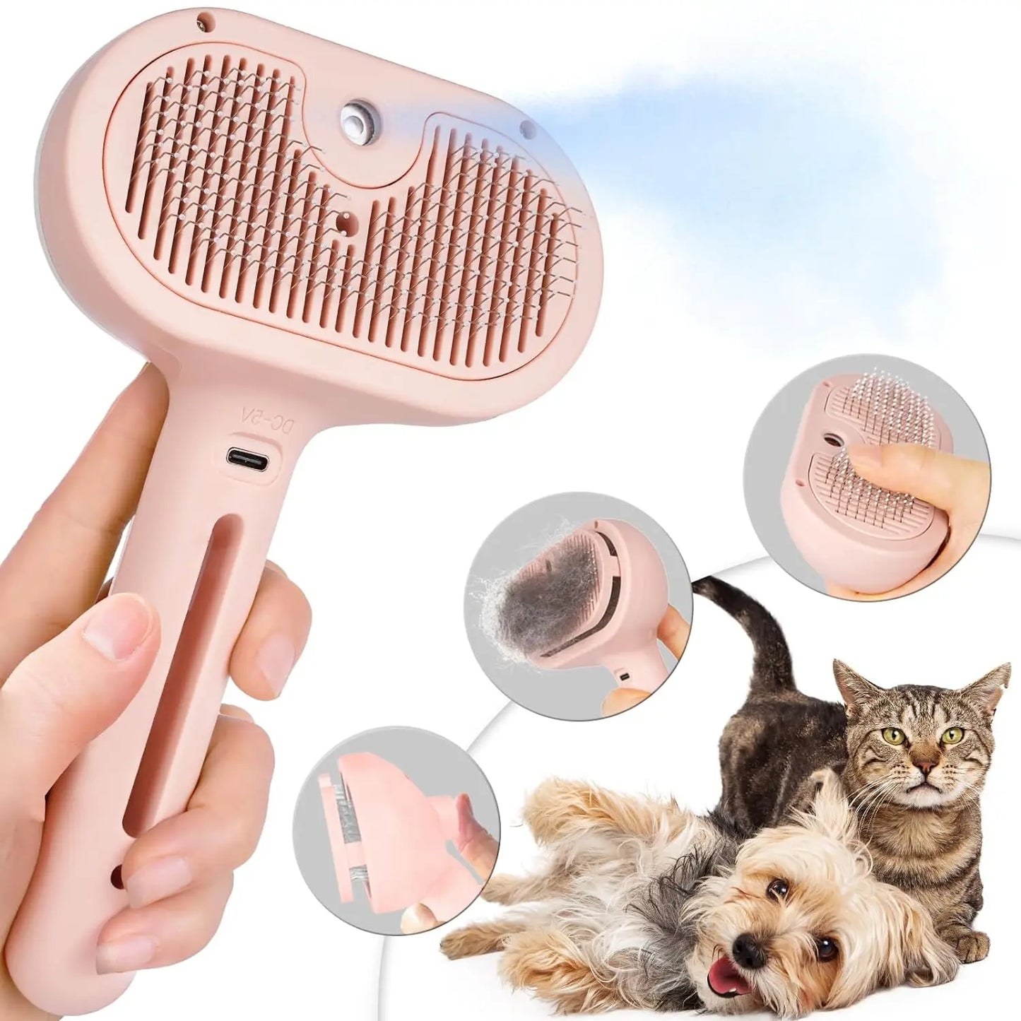 Spray Cat Brush for Shedding - Water Brush for Cats and Dogs - Pet Hair Removal Comb with Water Tank and Release Button - Steamy