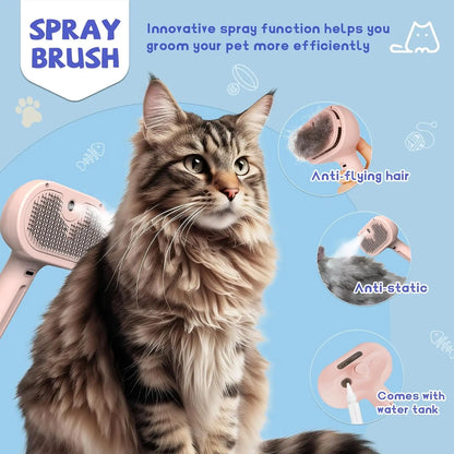 Spray Cat Brush for Shedding - Water Brush for Cats and Dogs - Pet Hair Removal Comb with Water Tank and Release Button - Steamy